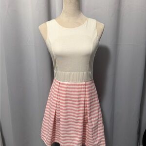 Stone Flower Pink And Ivory Stripe Fit And Flare Flirty Crew Neck Feminine Dress